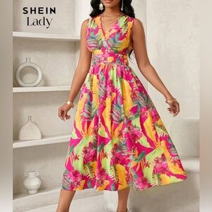 Tropical Floral V-Neck Midi Dress - Pink & Yellow